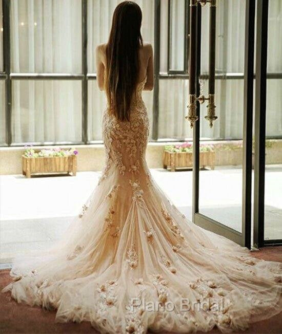Pink Sweetheart Neck Tulle Mermaid Long Formal Prom Dresses, Wedding Dresses