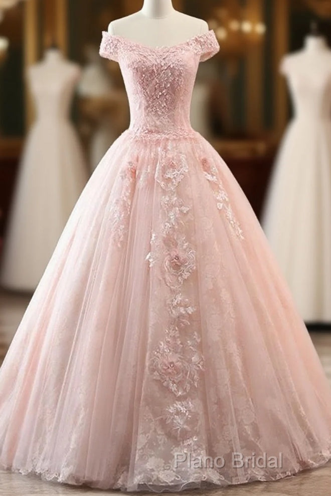 Pink Sweetheart Off Shoulder With Lace Long Sweet 16 Dresses, Pink Formal Dresses Main image