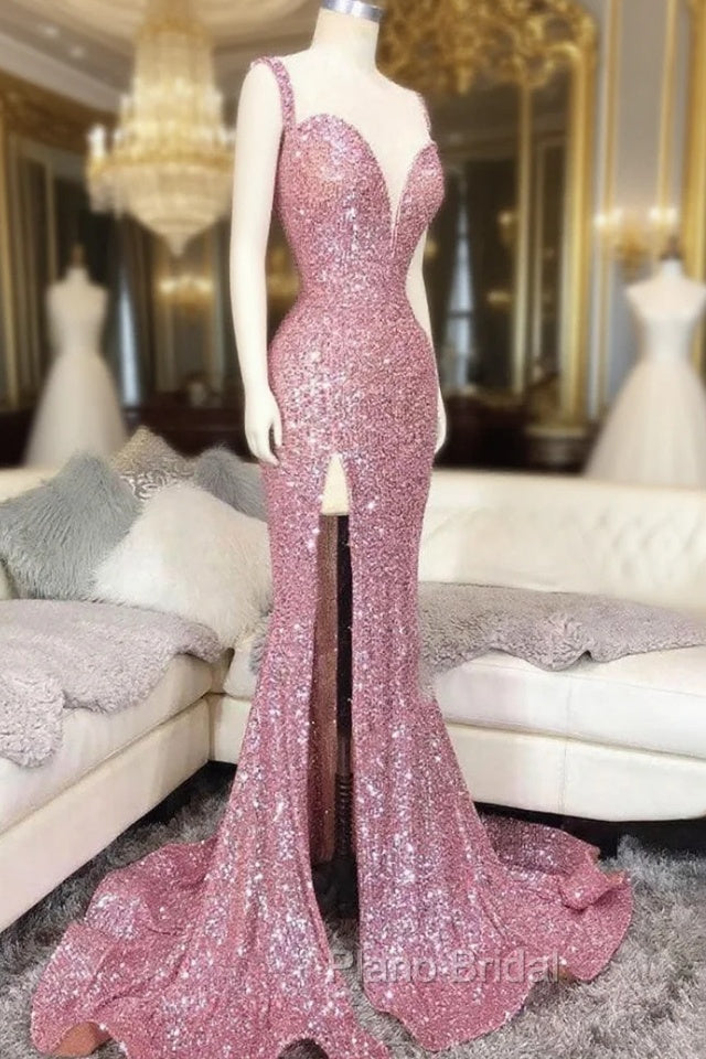 Pink Sweetheart Sequin Mermaid Long Formal Prom Dresses Pink Evening Dresses Main image