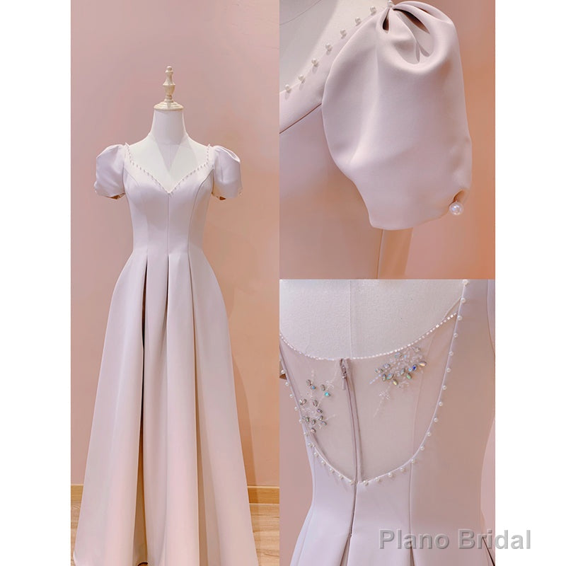 Pink Sweetheart Short Sleeves Floor Length Party Dress, Pink Wedding Party Dresses