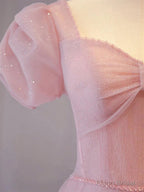 Pink Sweetheart Short Sleeves Long A-line Prom Dress, Pink Evening Gowns