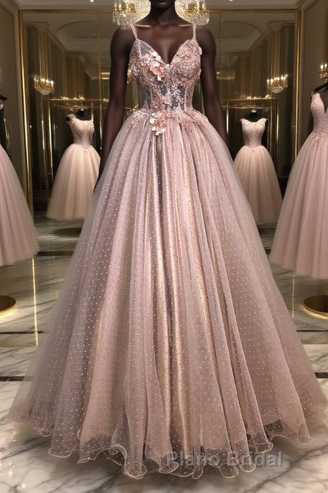 Pink sweetheart tulle lace long Formal Prom dress pink tulle formal dress Main image
