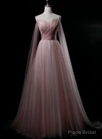 Pink Sweetheart Tulle Long Elegant Evening Dress, Pink Prom Dress