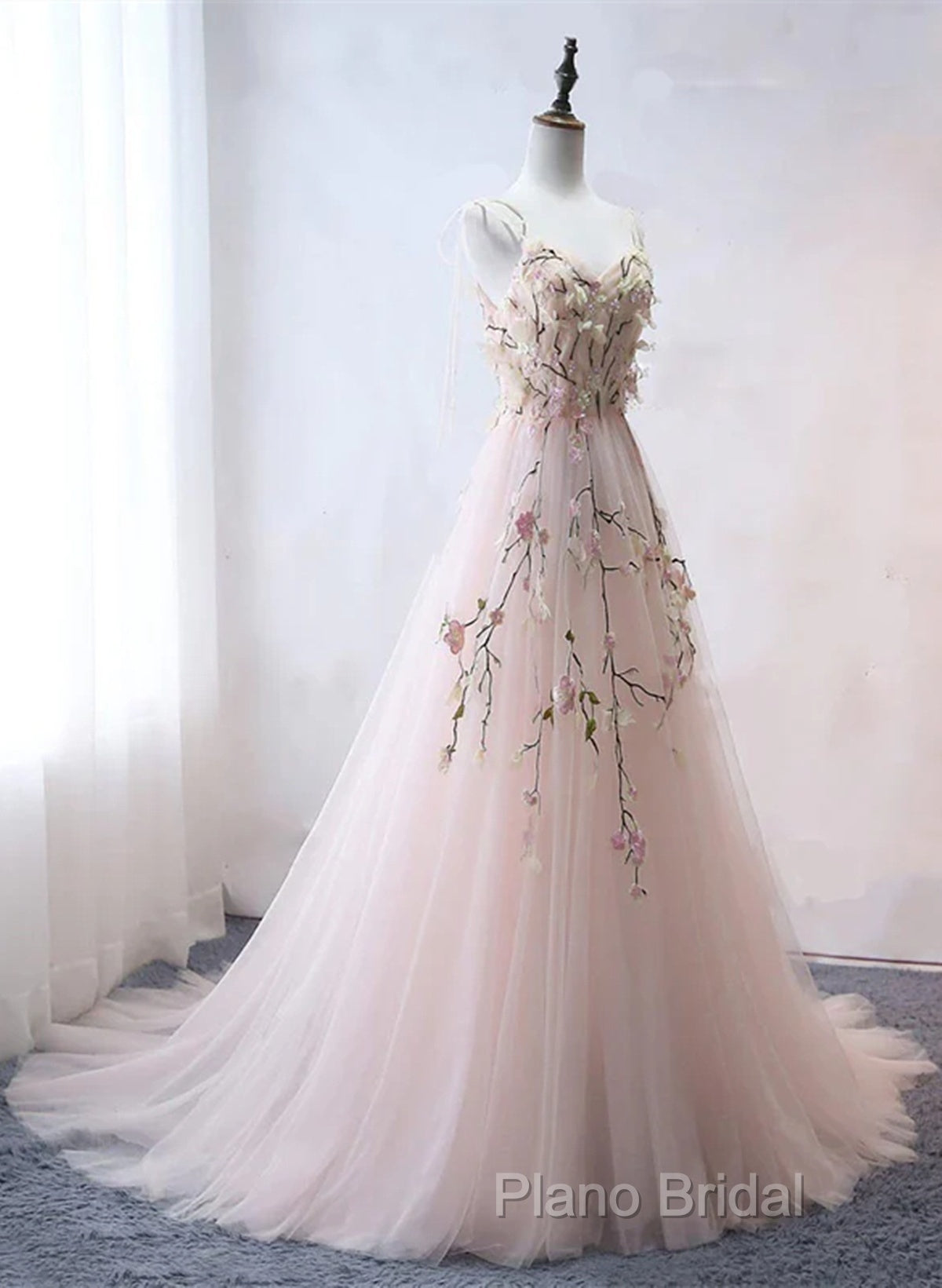Pink Sweetheart Tulle With Lace Flowers Long Formal Dresses, Pink Tulle Formal Prom Dresses Secondary image