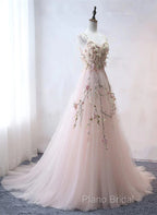 Pink Sweetheart Tulle With Lace Flowers Long Formal Dresses, Pink Tulle Formal Prom Dresses