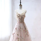 Pink Sweetheart Tulle With Lace Flowers Long Formal Dresses, Pink Tulle Formal Prom Dresses