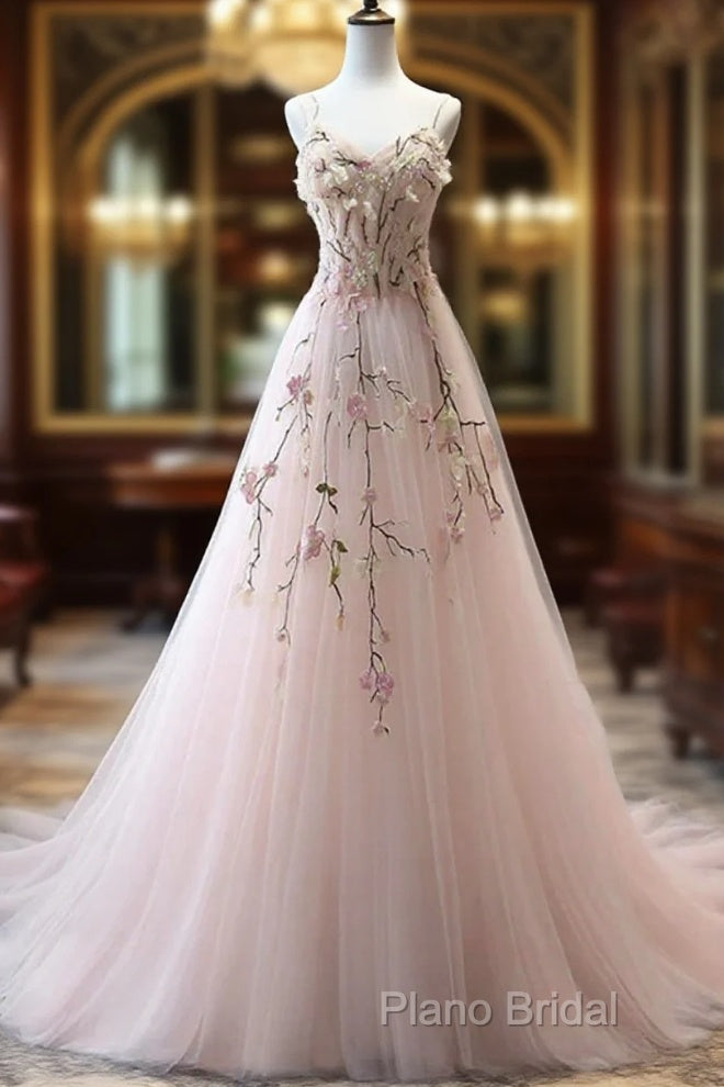 Pink Sweetheart Tulle With Lace Flowers Long Formal Dresses, Pink Tulle Formal Prom Dresses Main image