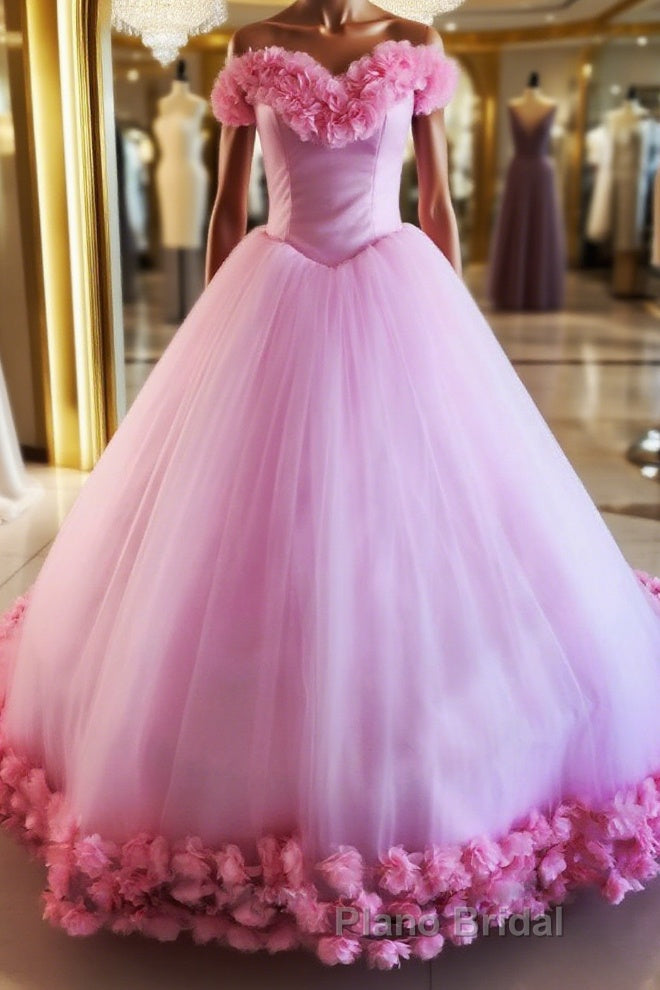 Pink tulle 3d flower tulle long Formal Prom gown, pink tulle evening dress