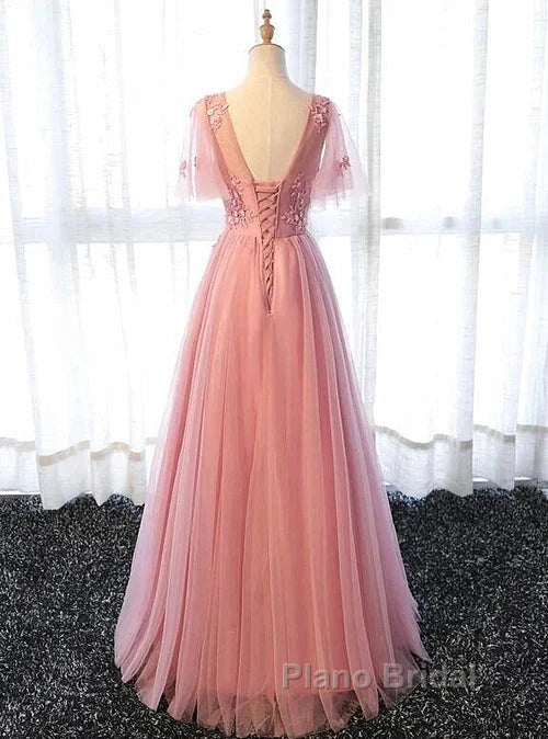 Pink Tulle A-Line Long Party Dresses Bridesmaid Dresses A Line Short Sleeves Floor Length Formal Prom Dresses