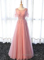 Pink Tulle A-Line Long Party Dresses Bridesmaid Dresses A Line Short Sleeves Floor Length Formal Prom Dresses