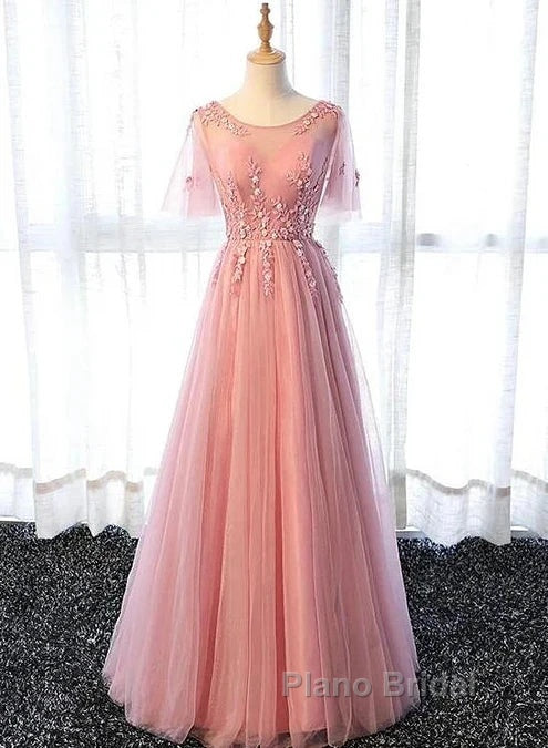 Pink Tulle A-Line Long Party Dresses Bridesmaid Dresses A Line Short Sleeves Floor Length Formal Prom Dresses