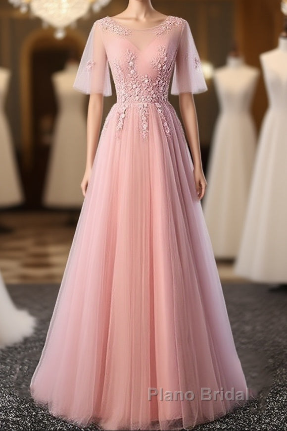 Pink Tulle A-Line Long Party Dresses Bridesmaid Dresses A Line Short Sleeves Floor Length Formal Prom Dresses