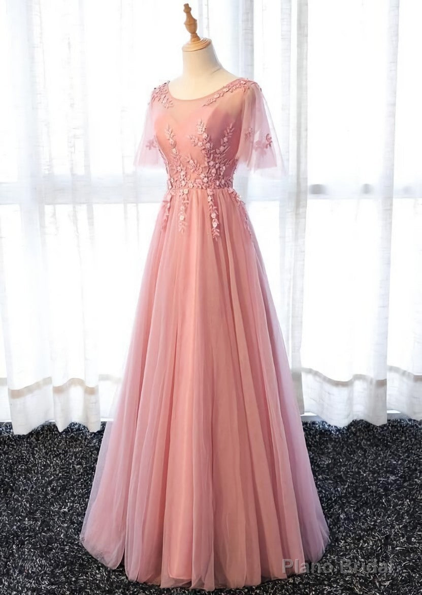 Pink Tulle A-line Long Party Dress, Pink Bridesmaid Dress Main image
