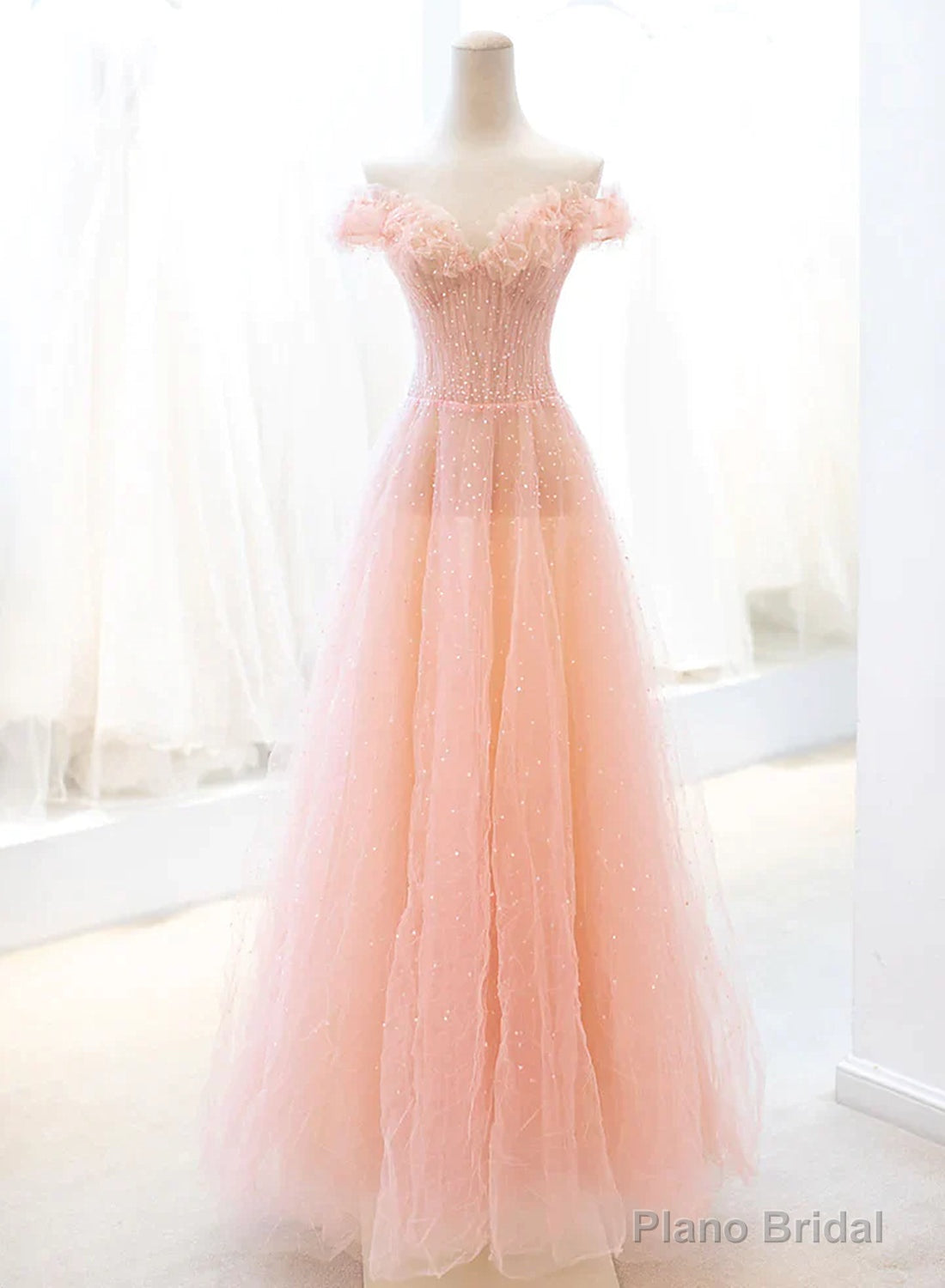 Pink Tulle A-line Long Prom Dress with Sequins, Off Shoulder Evening Dresses