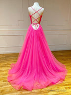 Pink Tulle A Line Ruffles Long Prom Dress
