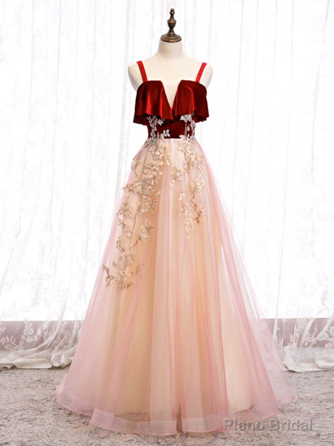 Pink Tulle and Velvet Long Lace Applique Straps Floor Length Party Dress, A-line Long Pink Prom Dress Secondary image