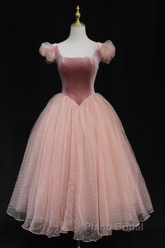 Pink Tulle And Velvet Short Sleeves Party Dresses, Pink Tea Length Formal Dresses Secondary image