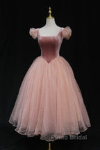 Pink Tulle And Velvet Short Sleeves Party Dresses, Pink Tea Length Formal Dresses
