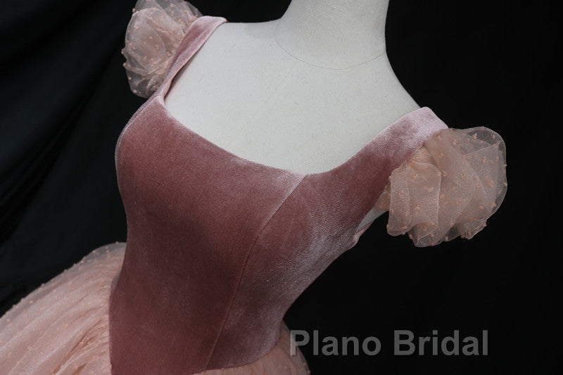 Pink Tulle And Velvet Short Sleeves Party Dresses, Pink Tea Length Formal Dresses