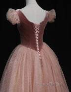 Pink Tulle And Velvet Short Sleeves Party Dresses, Pink Tea Length Formal Dresses