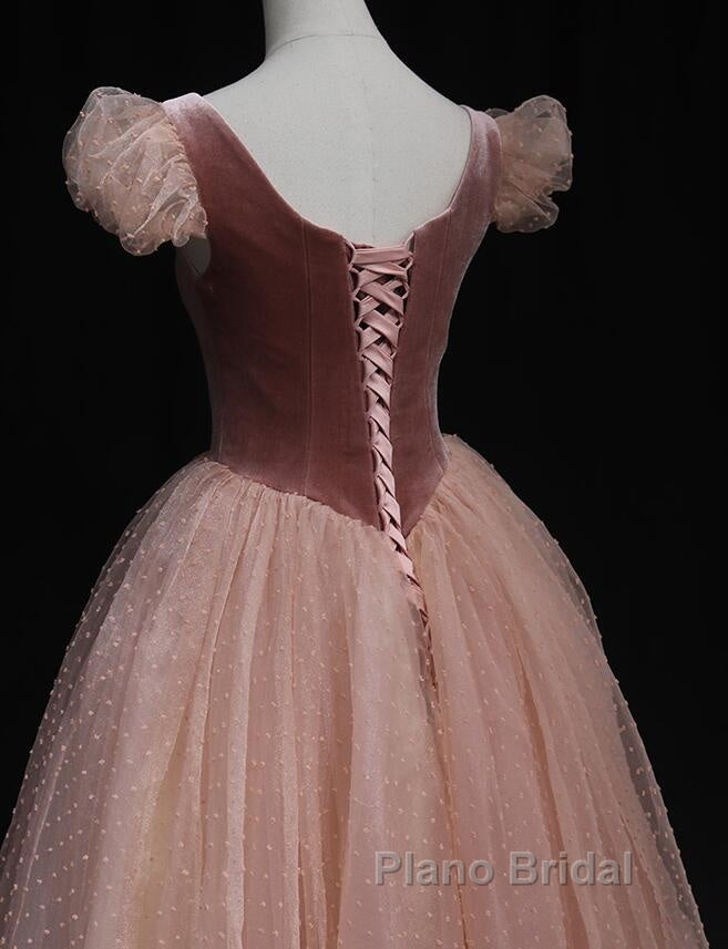 Pink Tulle And Velvet Short Sleeves Party Dresses, Pink Tea Length Formal Dresses