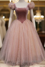 Pink Tulle And Velvet Short Sleeves Party Dresses, Pink Tea Length Formal Dresses