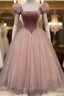 Pink Tulle And Velvet Short Sleeves Party Dresses, Pink Tea Length Formal Dresses