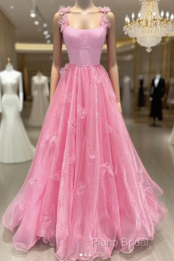 Pink Tulle Applique Long Formal Prom Dresses Pink Formal Dresses Main image