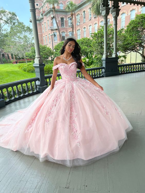Pink Tulle Applique Long Formal Prom Dresses Quinceanera Dresses Ball Gown Main image