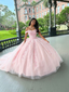 Pink Tulle Applique Long Formal Prom Dresses Quinceanera Dresses Ball Gown