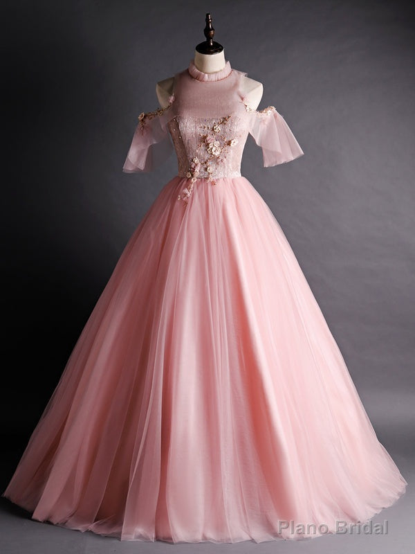 Pink Tulle Appliques Beading Backless Quinceanera Dress Main image