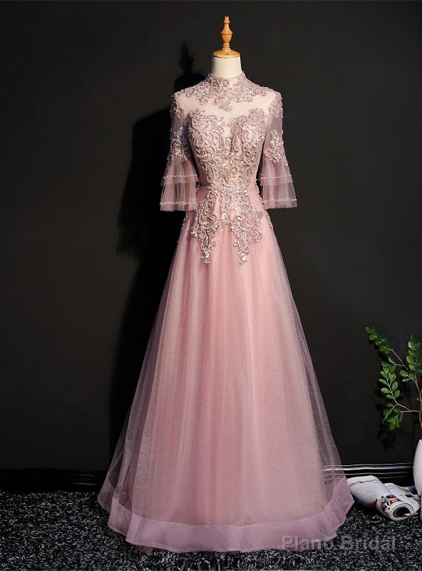 Pink Tulle Appliques Beading Short Sleeve Prom Dress Main image