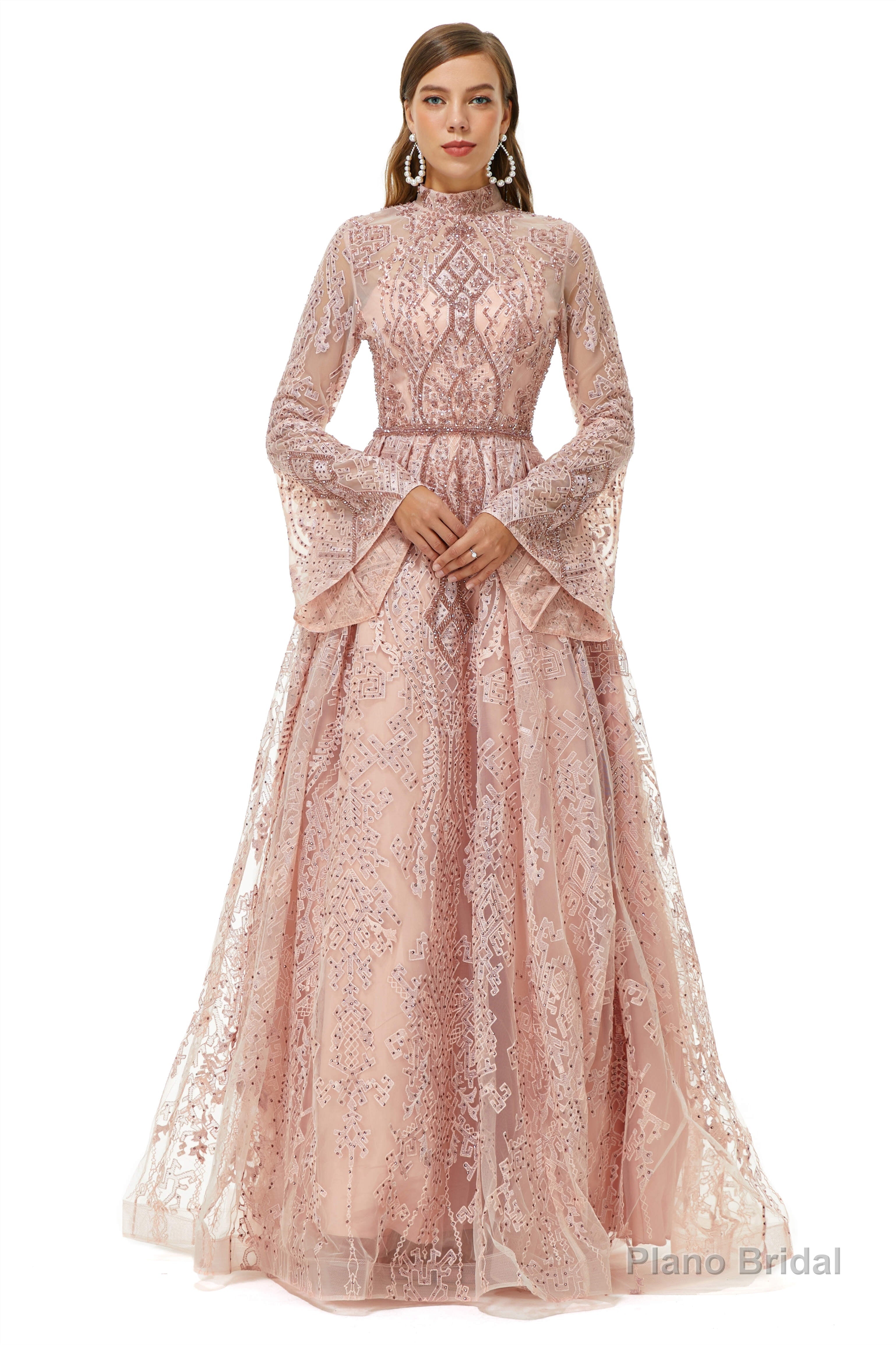 Pink Tulle Appliques High Neck Long Sleeve Beading Prom Dresses Main image