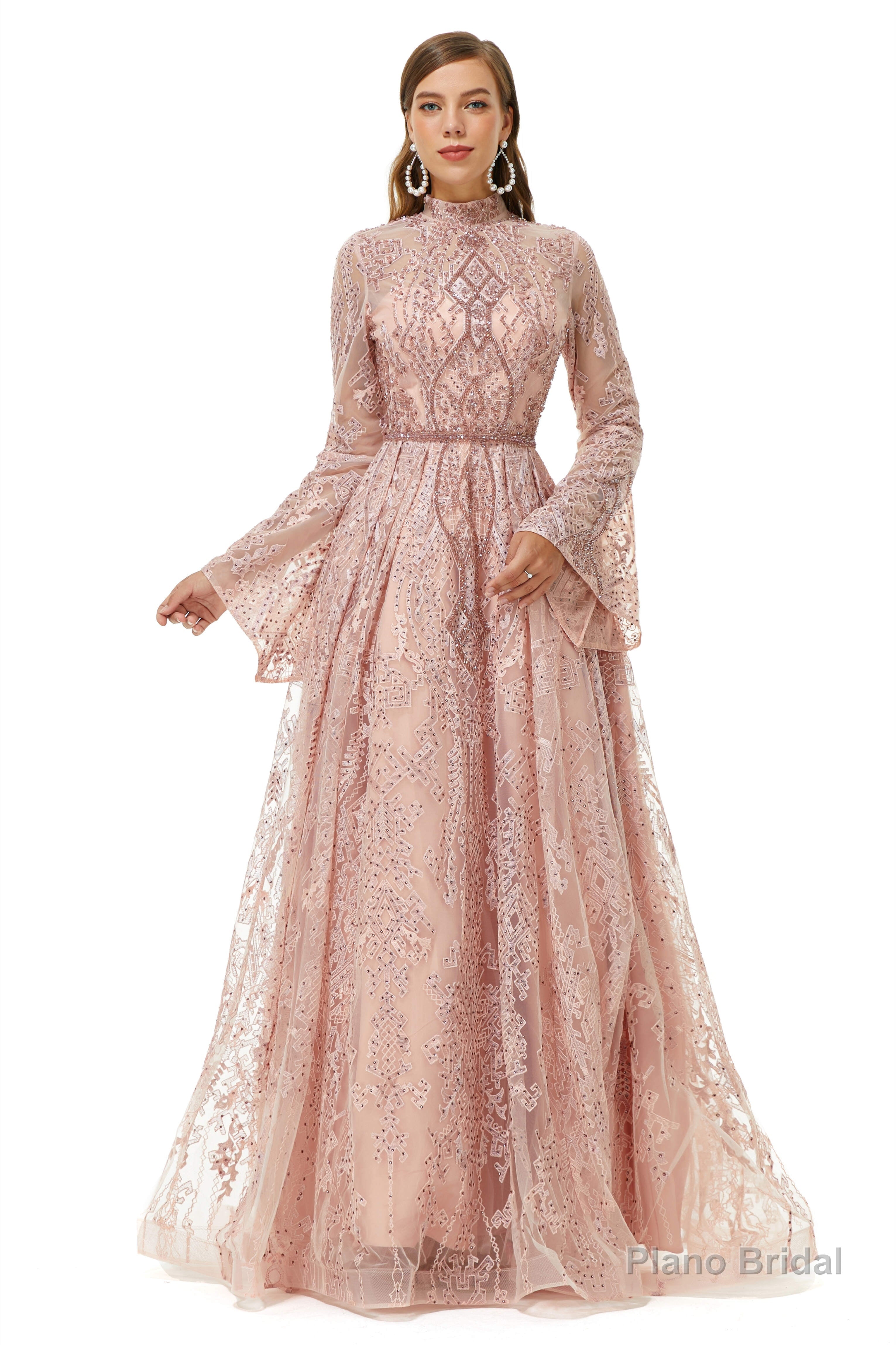 Pink Tulle Appliques High Neck Long Sleeve Beading Prom Dresses Secondary image