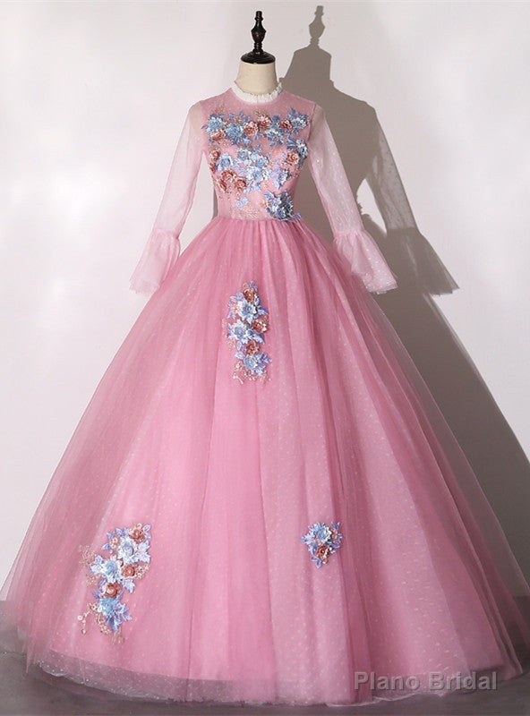 Pink Tulle Appliques Long Sleeve Quinceanera Dress Main image