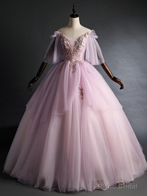 Pink Tulle Appliques Off the Shoulder Backless Quinceanera Dress Main image