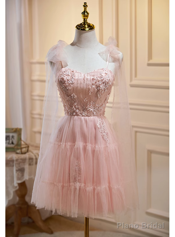 Pink Tulle Appliques Straps Homecoming Dress Main image