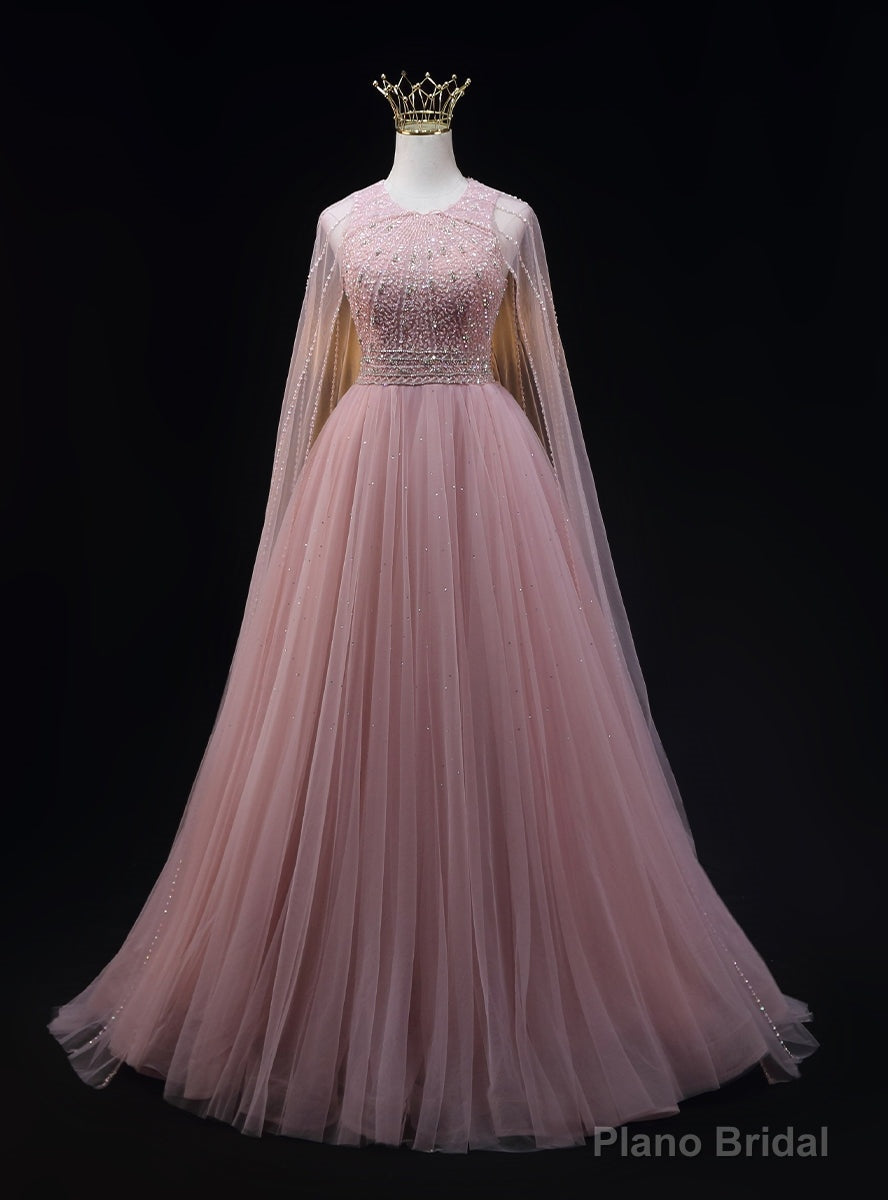 Pink Tulle Backless Beading Prom Dress Main image