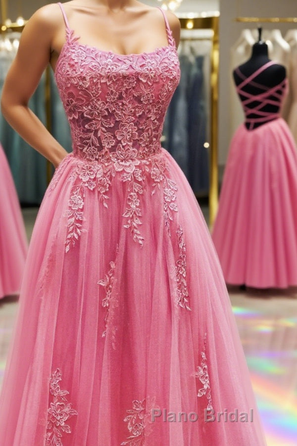 Pink Tulle Backless Lace Floral Long Formal Prom Dress, Pink Lace Formal Dress, Pink Evening Dress Main image
