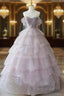 Pink Tulle Ball Gown Layers Long Party Dresses, Pink Shiny Tulle Sweet 16 Dresses
