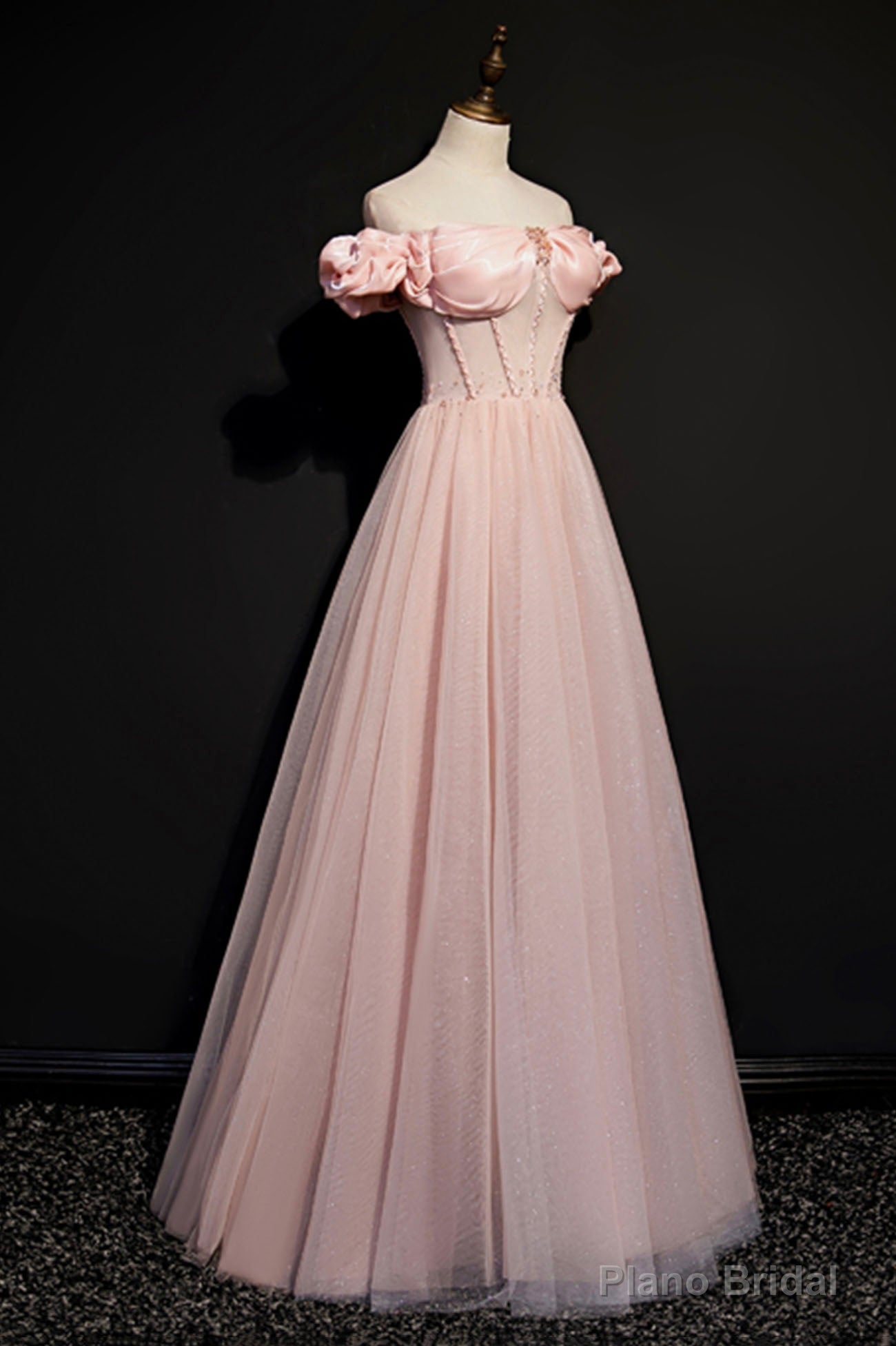 Pink Tulle Beaded Long A-Line Prom Dress, Pink Off the Shoulder Evening Dress Main image