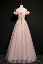Pink Tulle Beaded Long A-Line Prom Dress, Pink Off the Shoulder Evening Dress