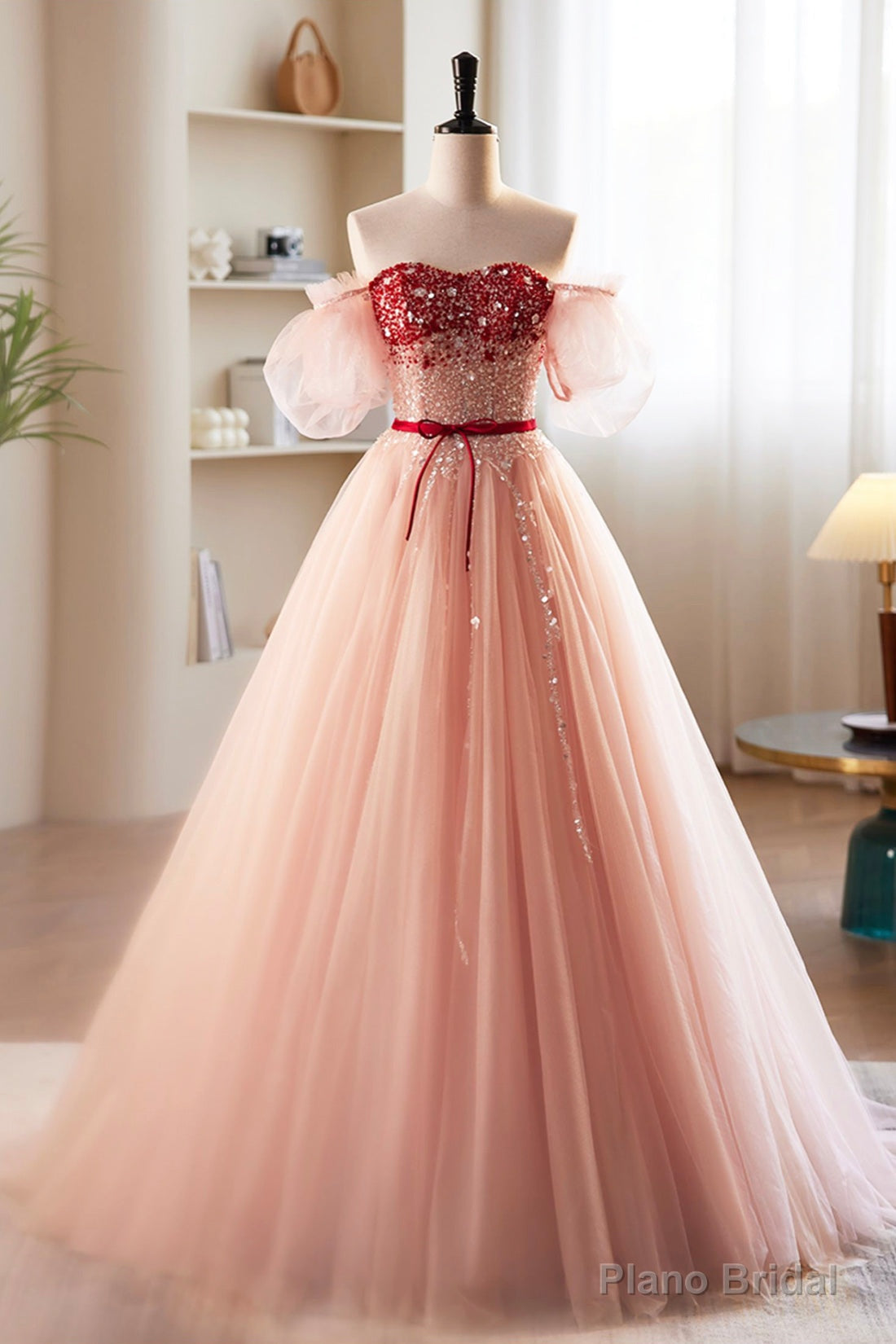 Pink Tulle Beaded Long Prom Dress, A-Line Off Shoulder Evening Party Dress Secondary image