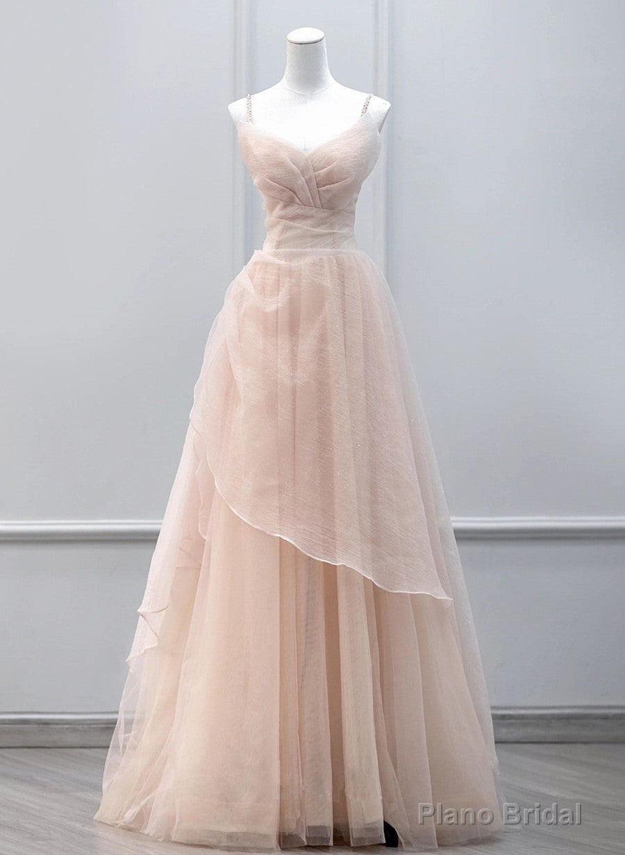 Pink Tulle Beaded Straps Long Prom Dress, A-line Pink Tulle Party Dress Main image