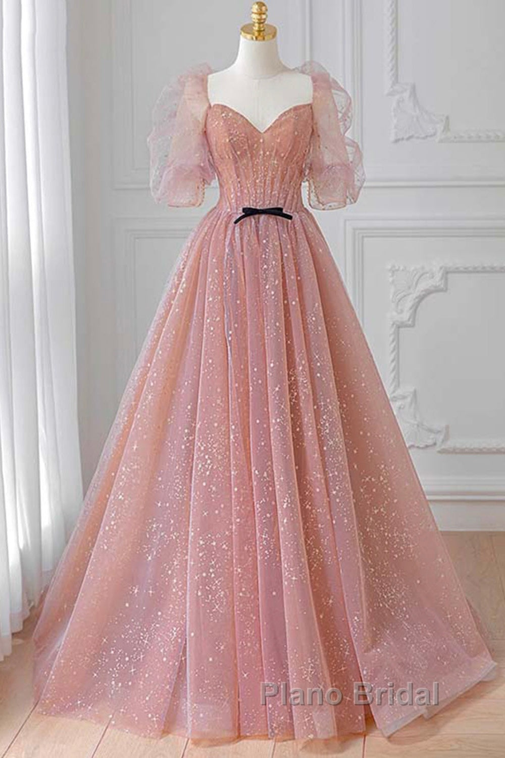 Pink Tulle Beautiful Puffy Sleeves Long Formal Prom Dresses, Pink A-Line Evening Dresses Secondary image