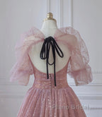 Pink Tulle Beautiful Puffy Sleeves Long Formal Prom Dresses, Pink A-Line Evening Dresses