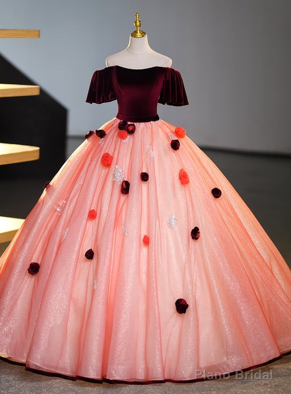 Pink Tulle Burgundy Velvet Off the Shoulder Flower Quinceanera Dress Main image