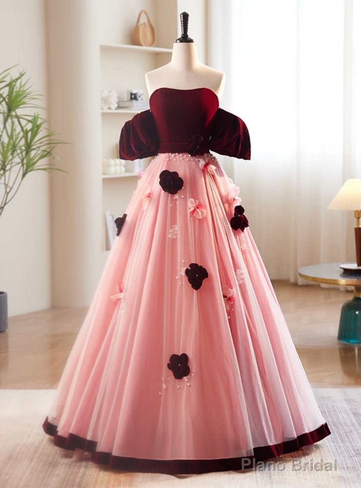 Pink Tulle Burgundy Velvet Sweetheart Prom Dress