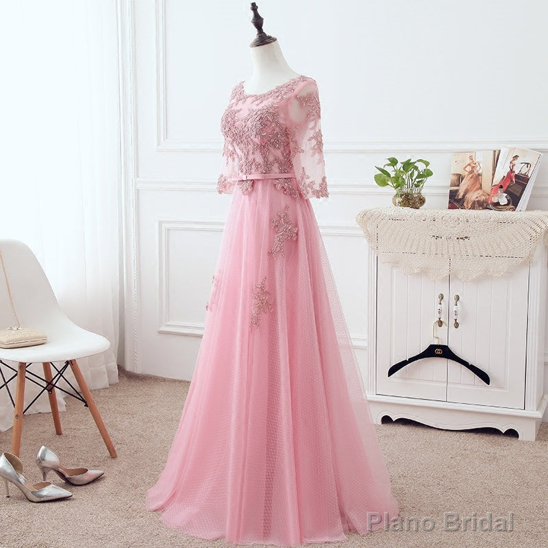 Pink Tulle Elegant Party Dress with Lace, Pink A-line Formal Dress Bridesmaid Dress Main image