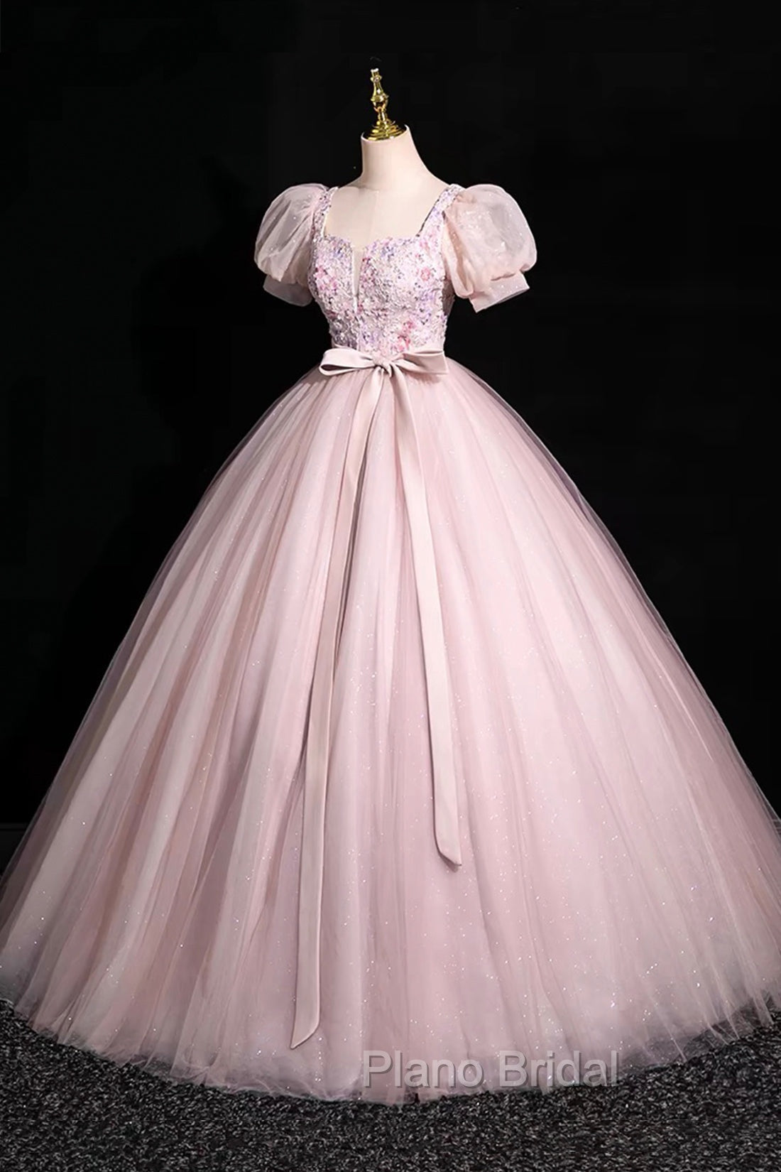 Pink Tulle Floral Floor Length Formal Prom Dresses, A-Line Short Sleeve Evening Dresses Secondary image